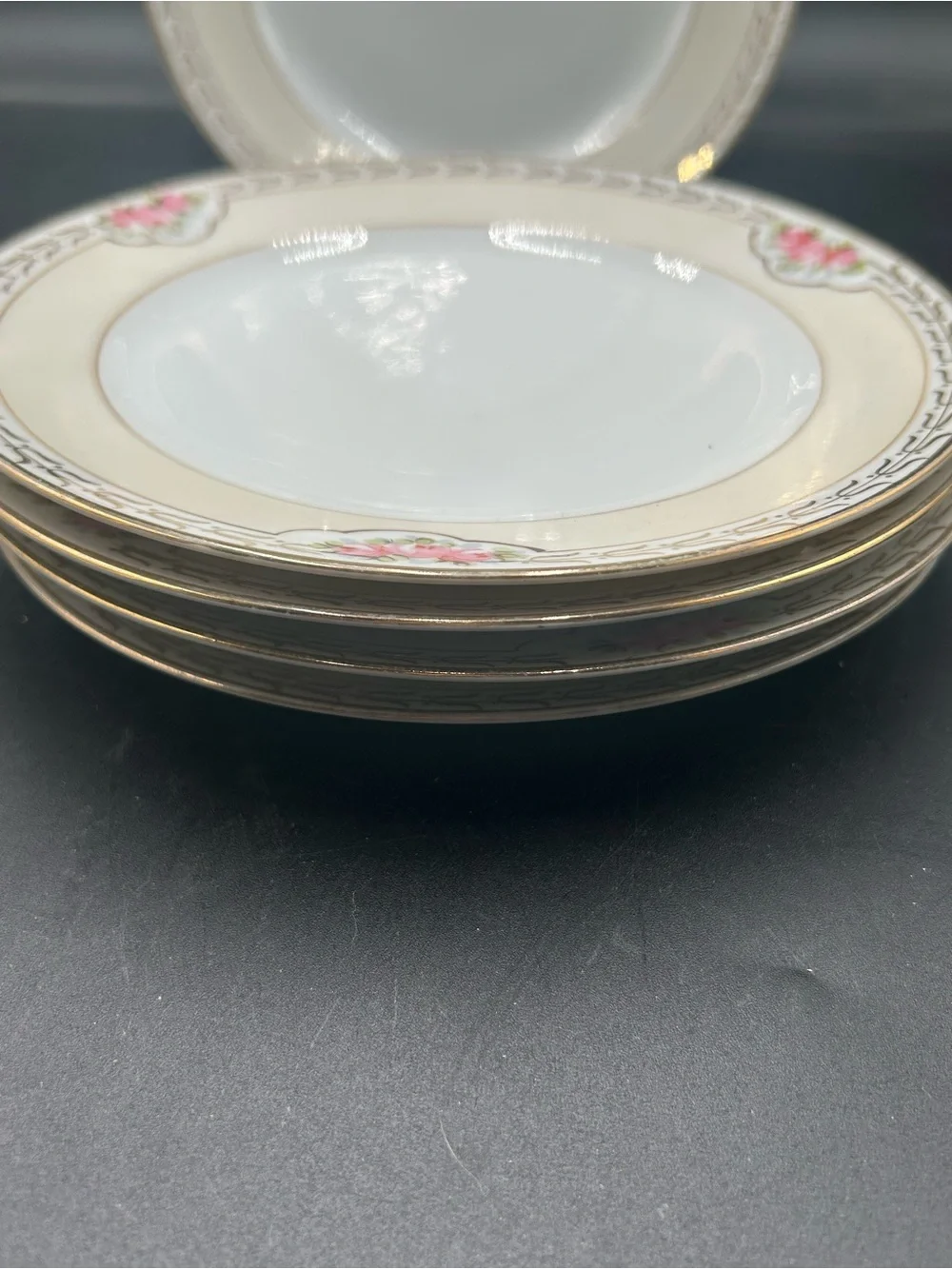 Nippon hand painted Cream and Pink Floral Rim Porcelain Plates - Set of 5